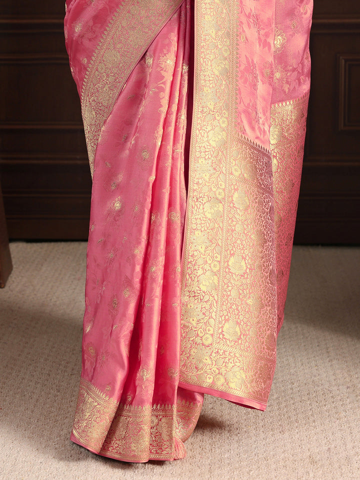 Libas Art Pink Floral Woven Design Silk Blend Saree with Potli Bag