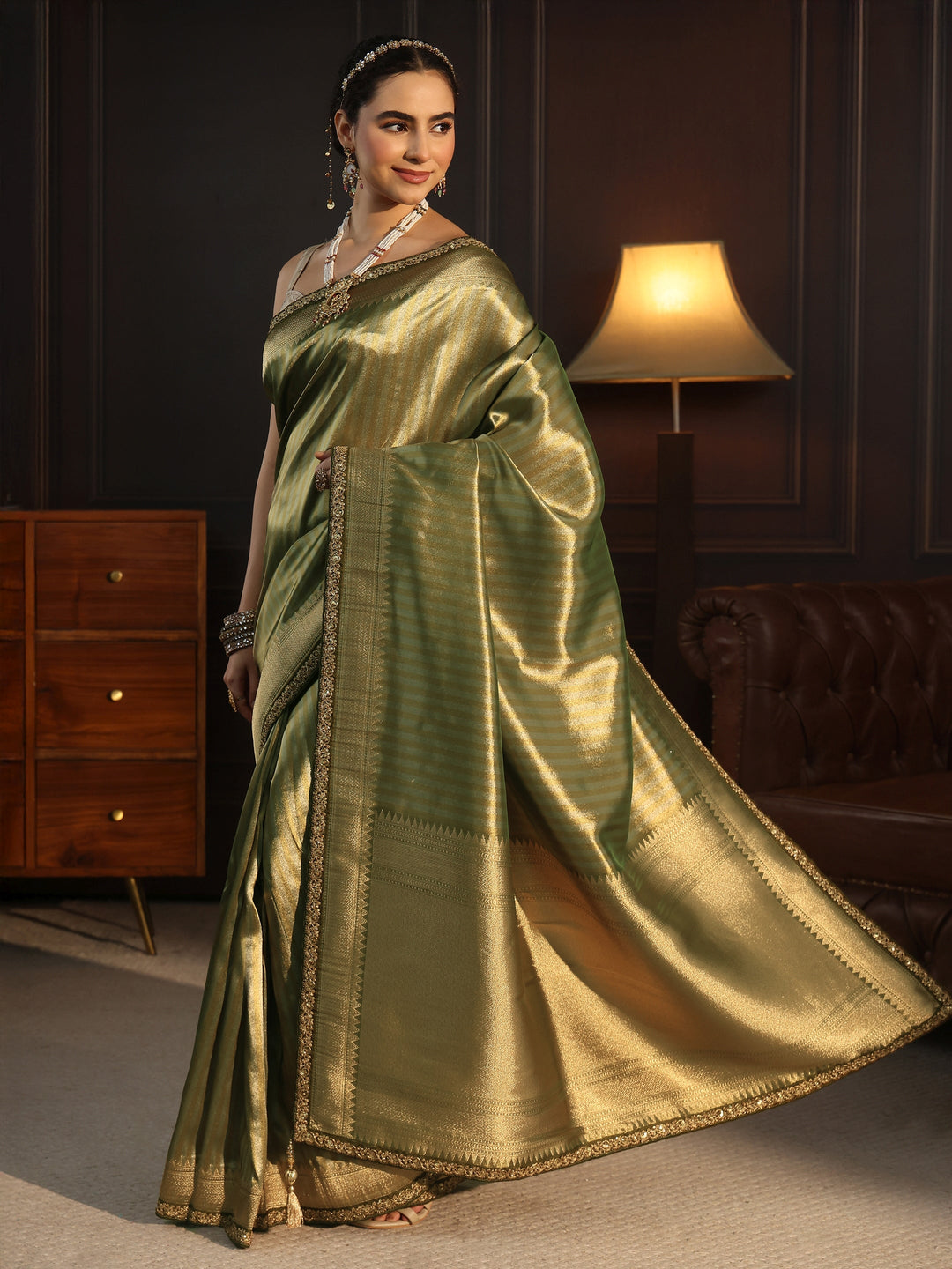 Libas Art Green Striped Banarasi Silk Blend Saree