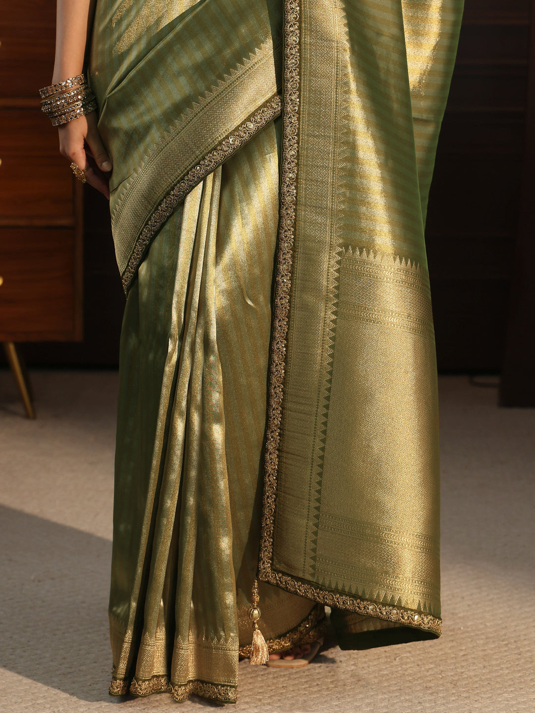 Libas Art Green Striped Banarasi Silk Blend Saree