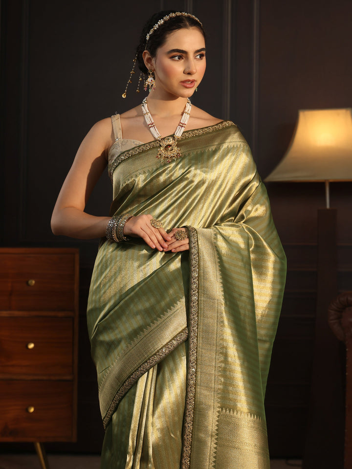 Libas Art Green Striped Banarasi Silk Blend Saree