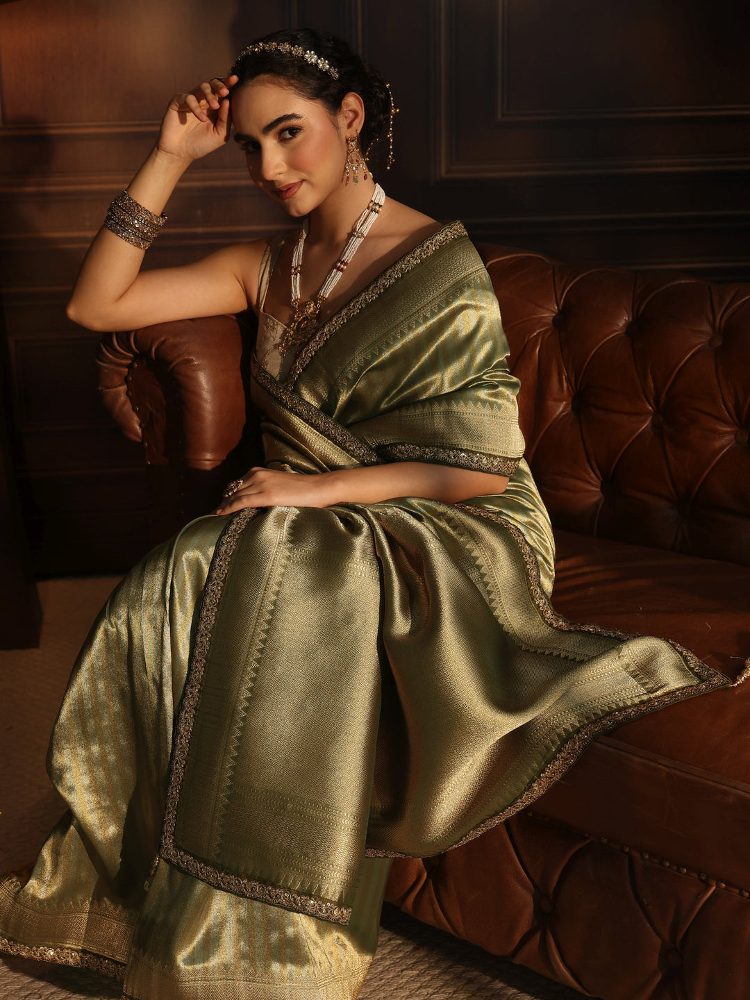 Libas Art Green Striped Banarasi Silk Blend Saree