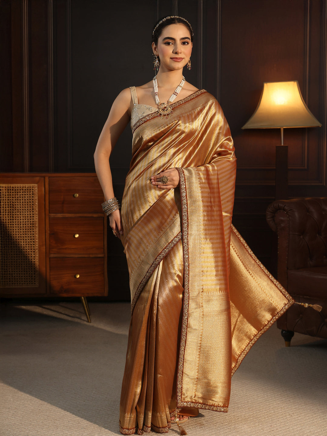 Libas Art Brown Striped Banarasi Silk Blend Saree