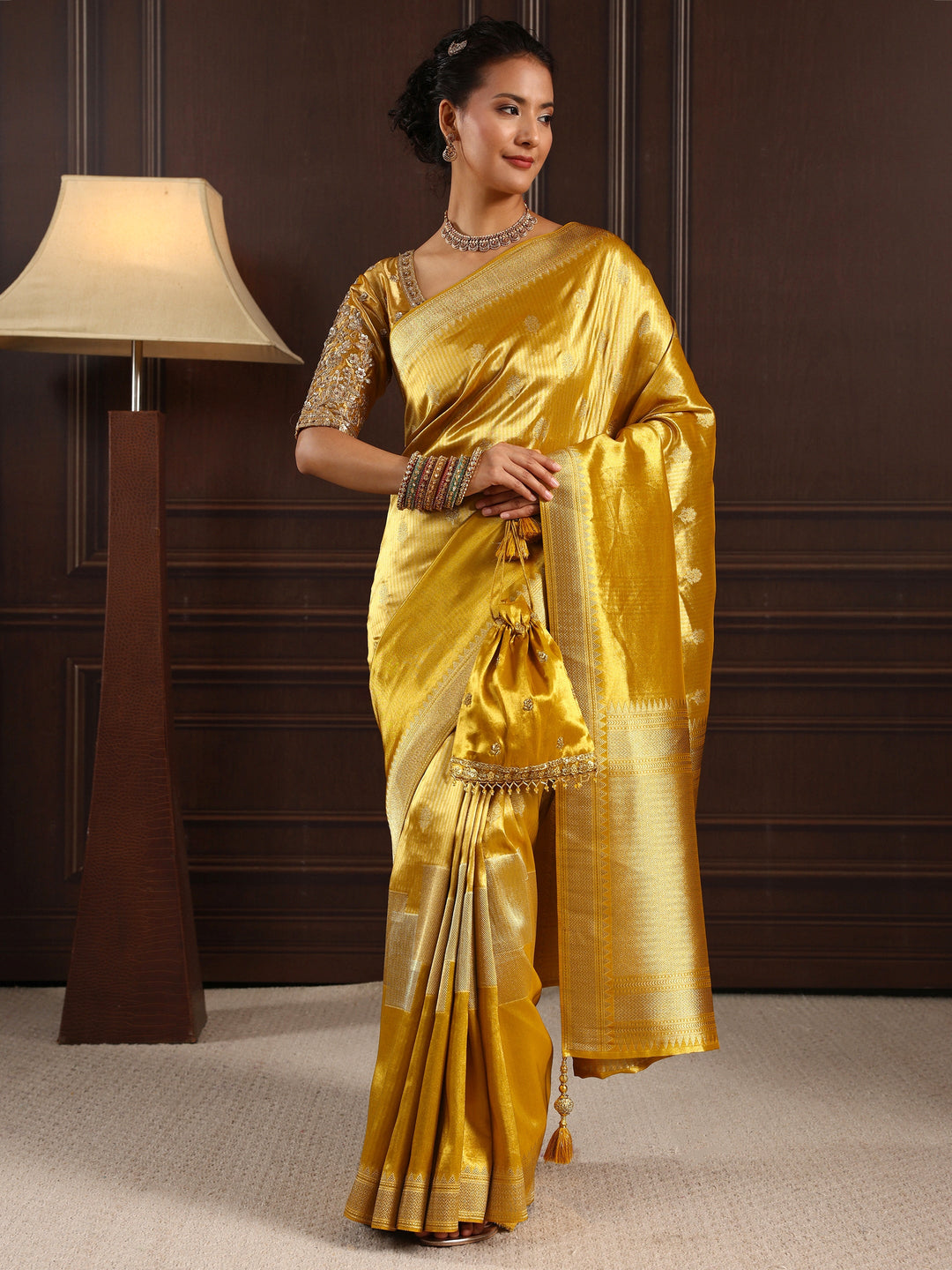 Libas Art Mustard Woven Design Silk Blend Saree with Potli Bag