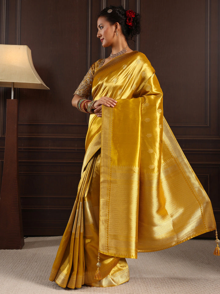 Libas Art Mustard Woven Design Silk Blend Saree with Potli Bag