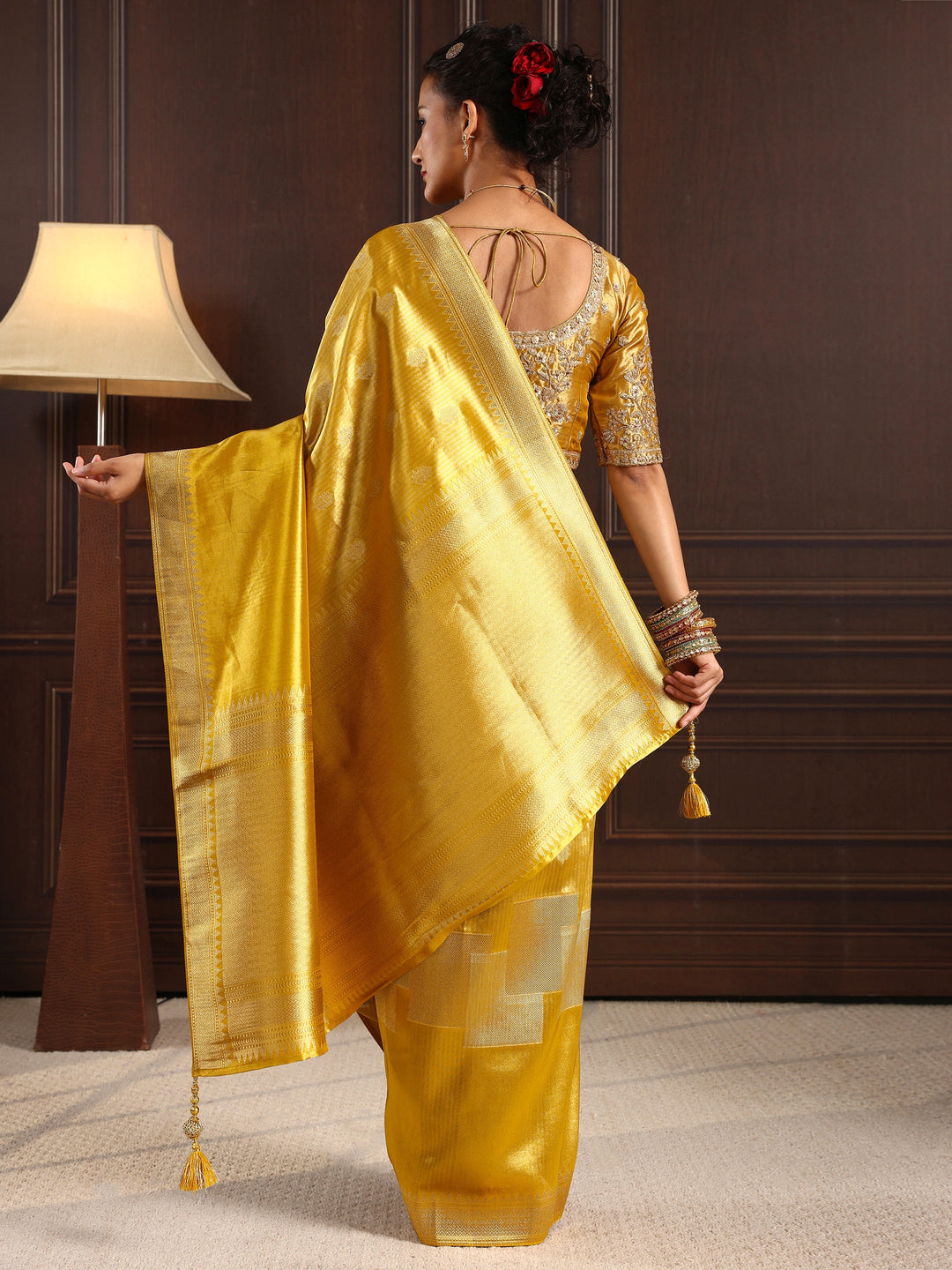 Libas Art Mustard Woven Design Silk Blend Saree with Potli Bag