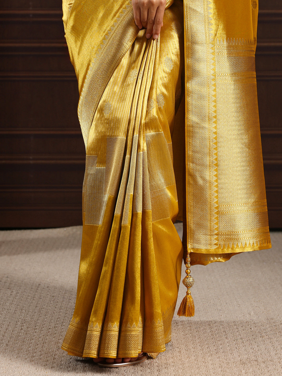 Libas Art Mustard Woven Design Silk Blend Saree with Potli Bag