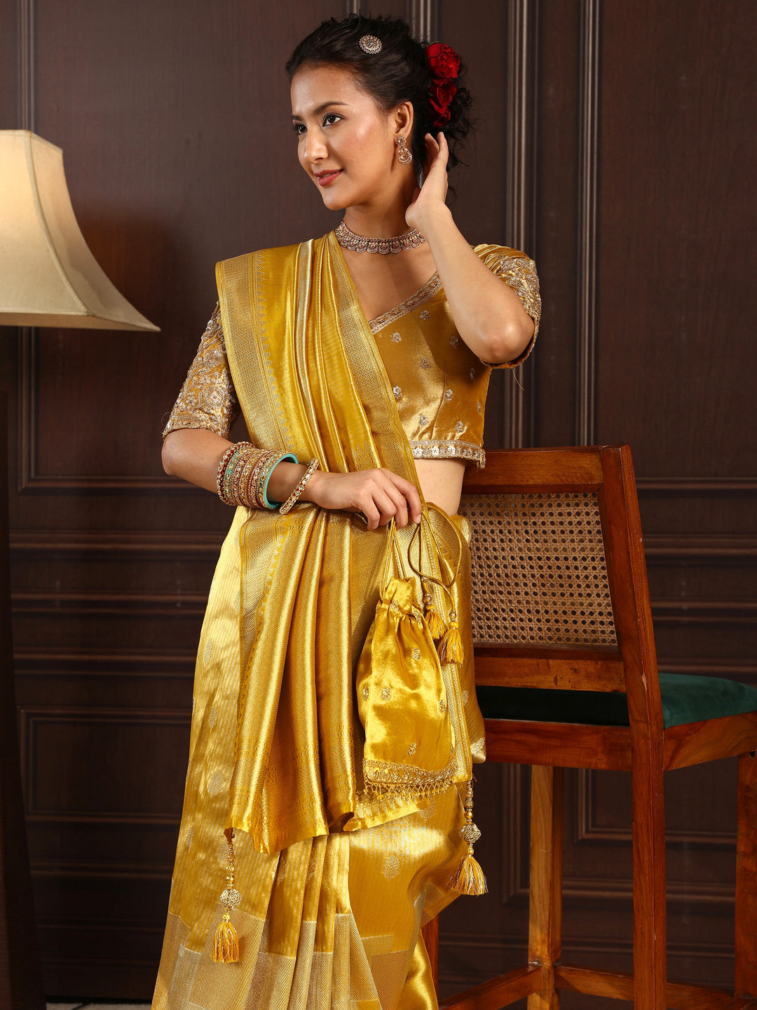 Libas Art Mustard Woven Design Silk Blend Saree with Potli Bag