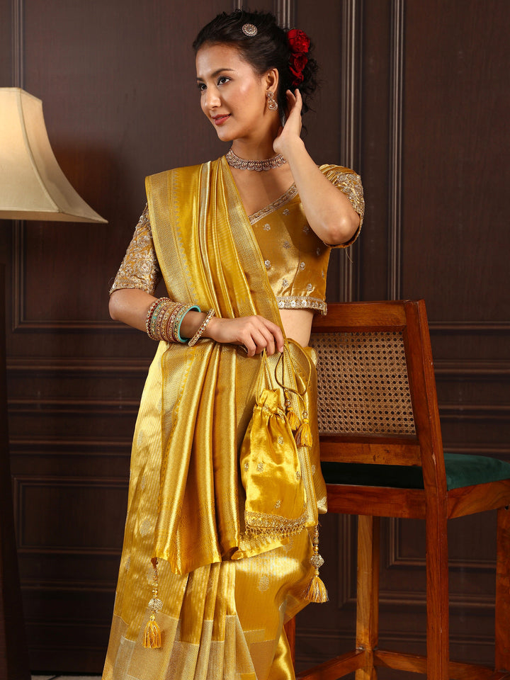 Libas Art Mustard Woven Design Silk Blend Saree with Potli Bag
