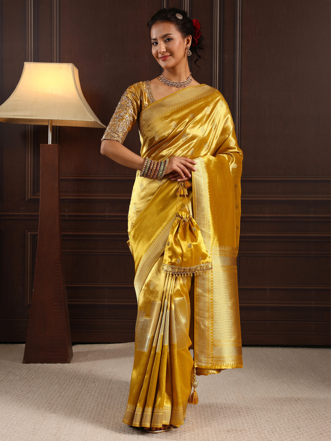 Libas Art Mustard Woven Design Silk Blend Saree with Potli Bag
