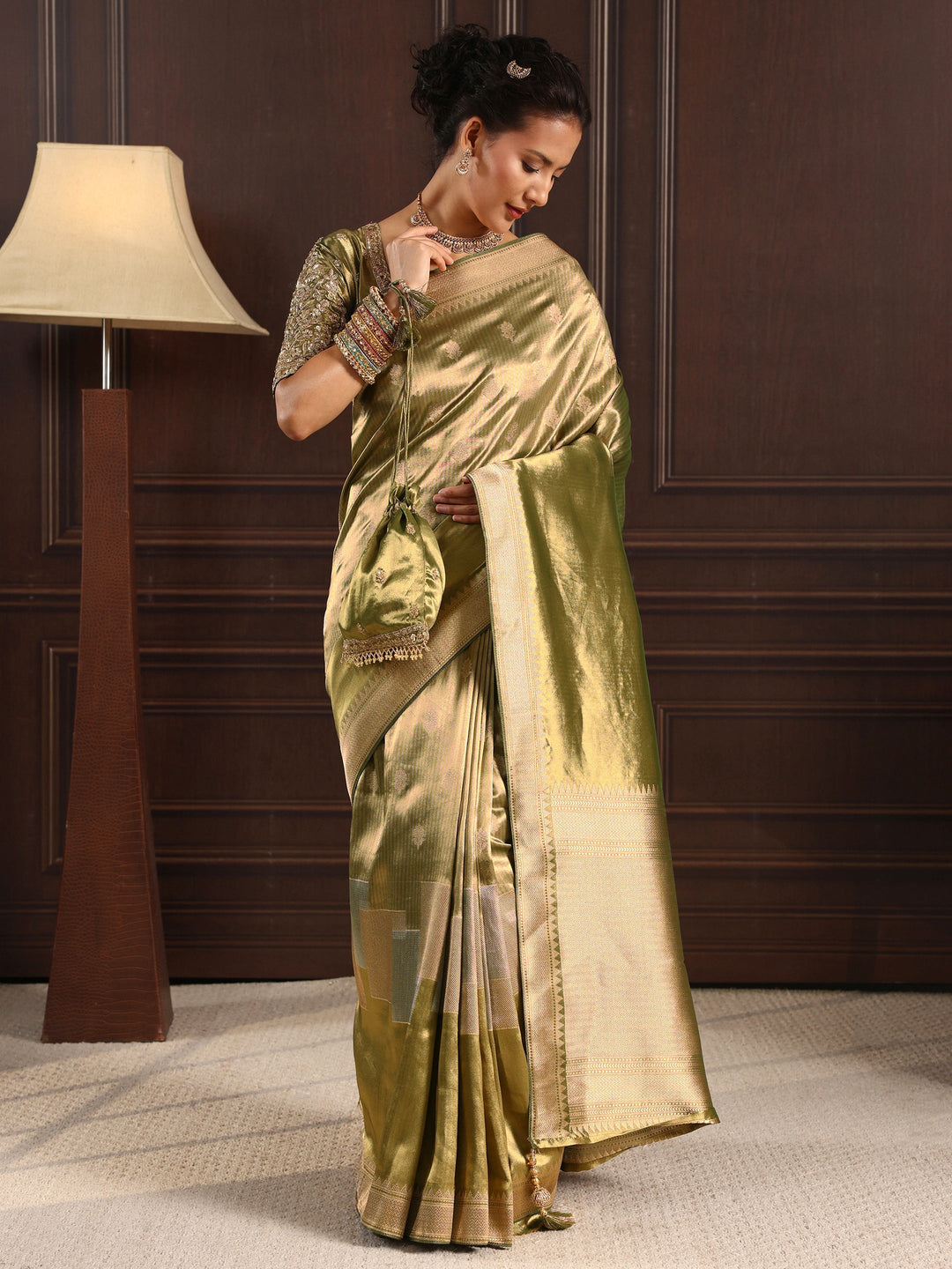 Libas Art Henna Green Woven Design Silk Blend Saree with Potli Bag