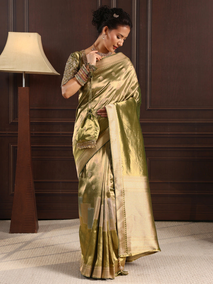 Libas Art Henna Green Woven Design Silk Blend Saree with Potli Bag