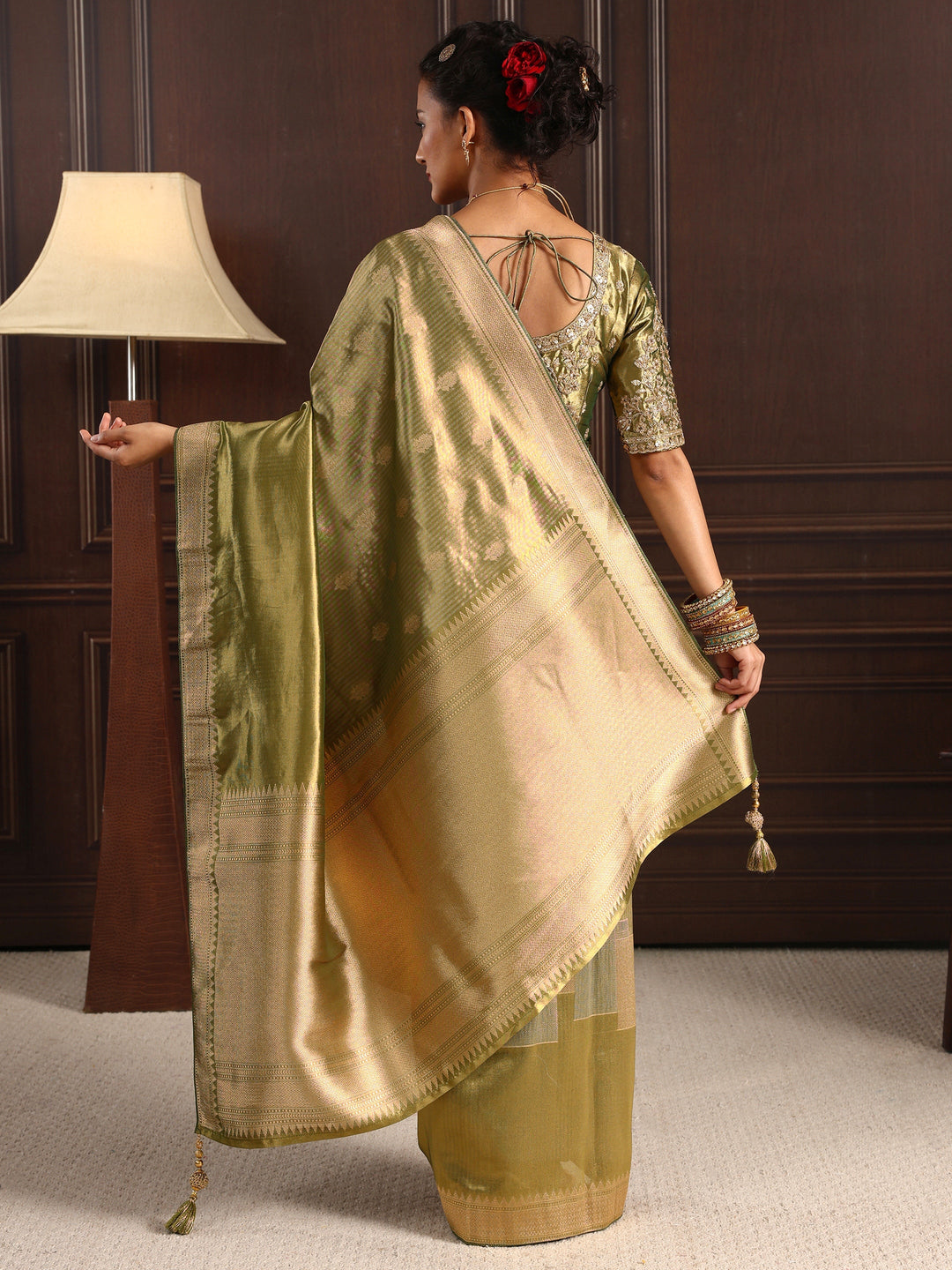 Libas Art Henna Green Woven Design Silk Blend Saree with Potli Bag