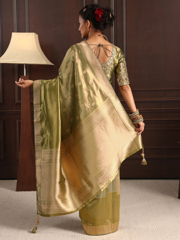 Libas Art Henna Green Woven Design Silk Blend Saree with Potli Bag