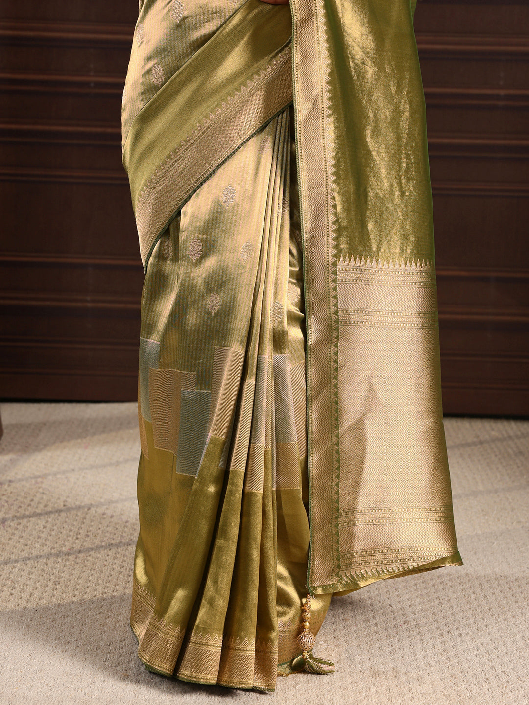 Libas Art Henna Green Woven Design Silk Blend Saree with Potli Bag