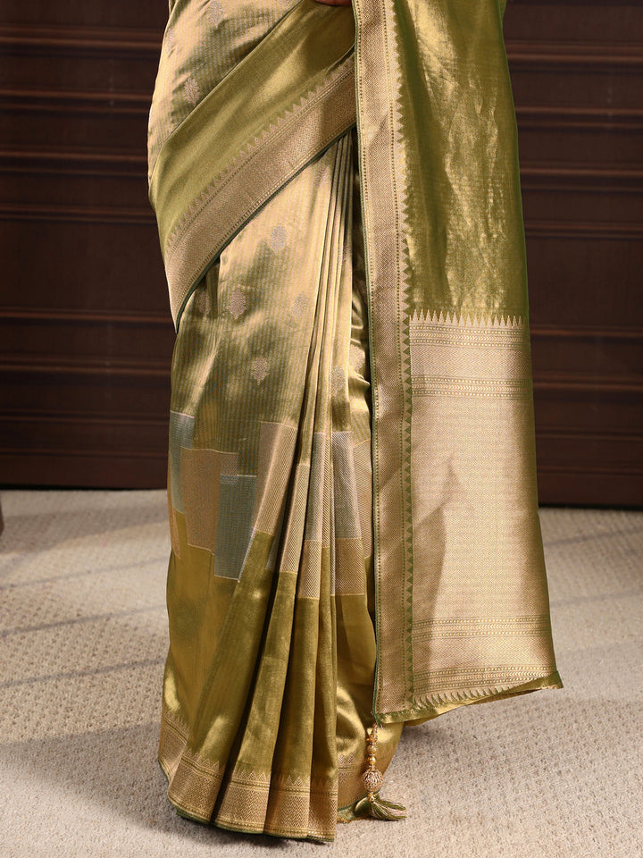 Libas Art Henna Green Woven Design Silk Blend Saree with Potli Bag