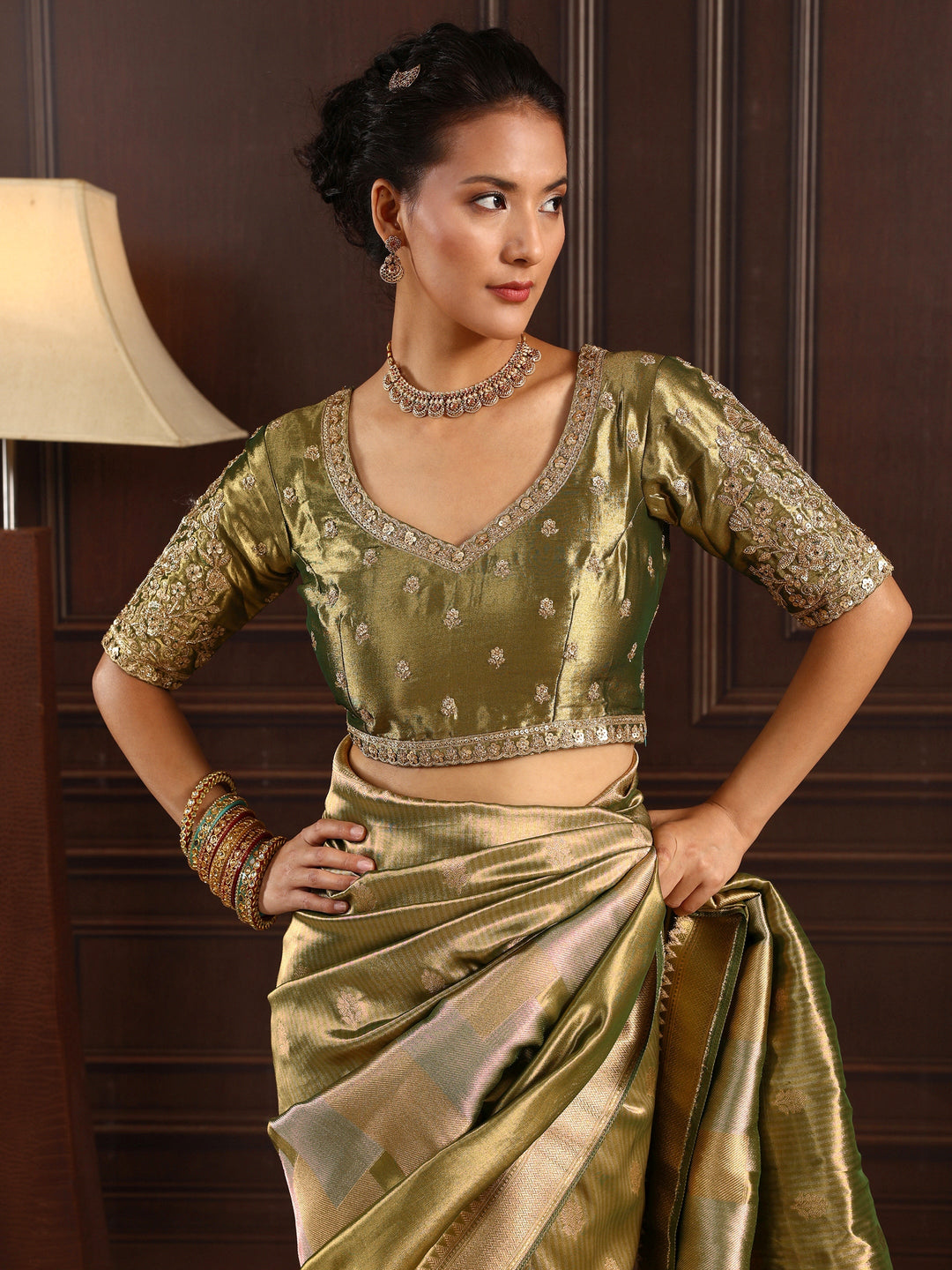 Libas Art Henna Green Woven Design Silk Blend Saree with Potli Bag