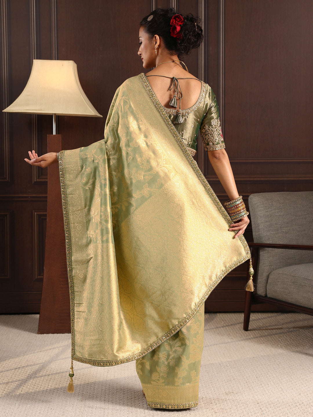 Libas Art Green Woven Design Silk Blend Saree with Potli Bag