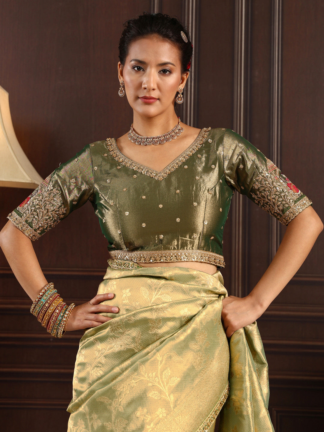 Libas Art Green Woven Design Silk Blend Saree with Potli Bag