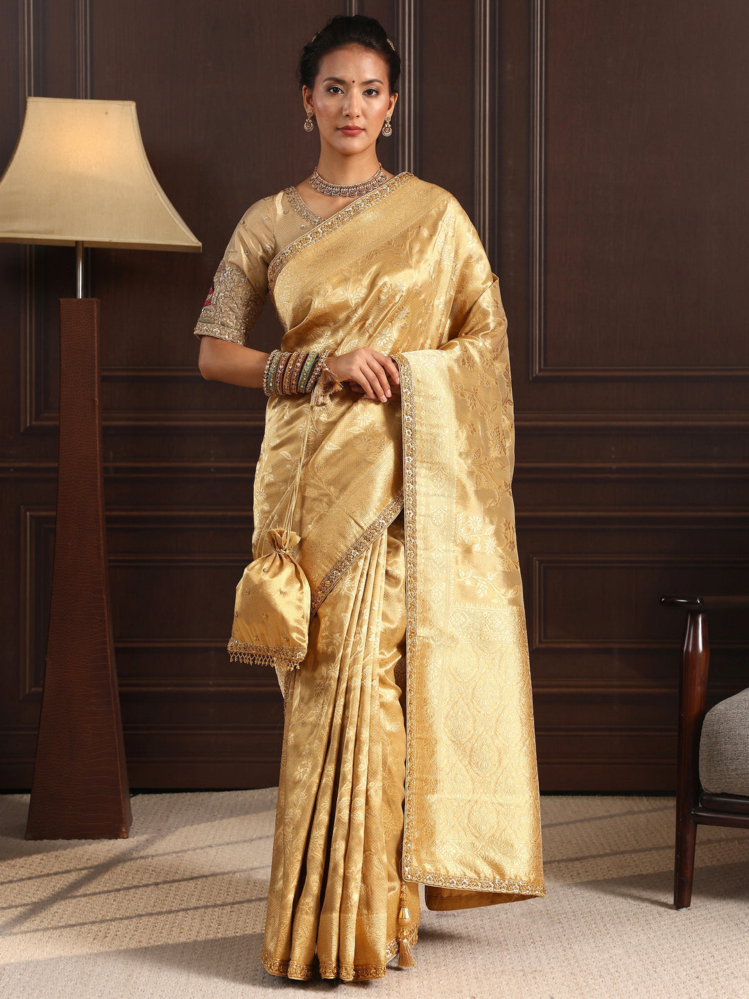 Libas Art Golden Woven Design Silk Blend Saree with Potli Bag