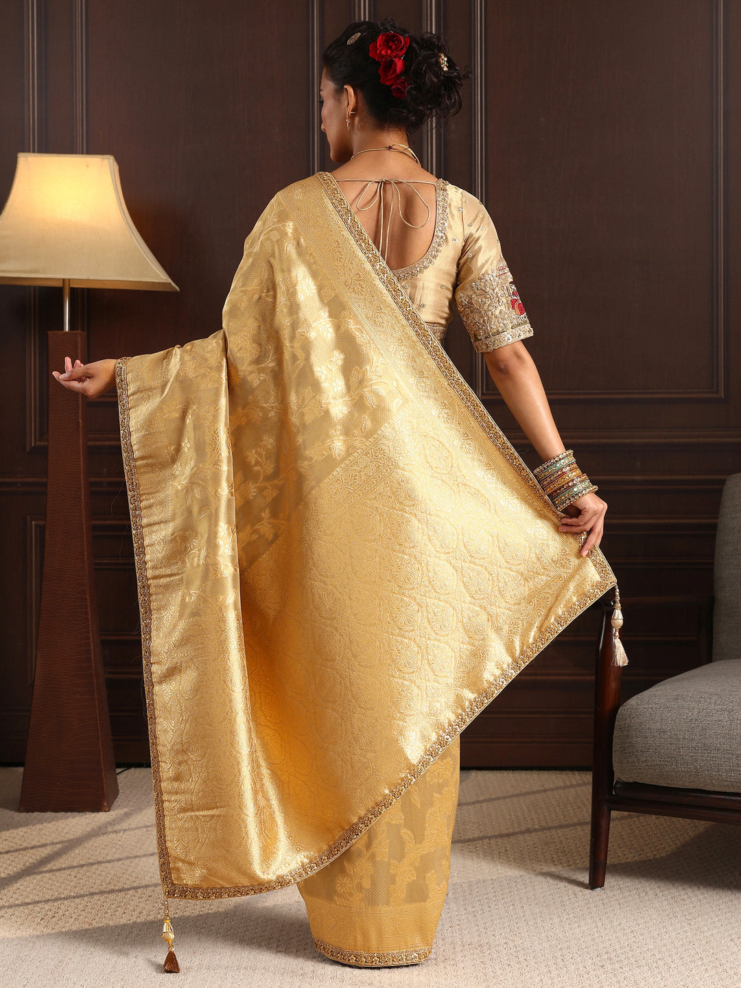 Libas Art Golden Woven Design Silk Blend Saree with Potli Bag