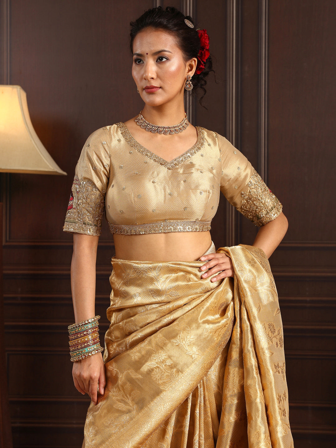 Libas Art Golden Woven Design Silk Blend Saree with Potli Bag