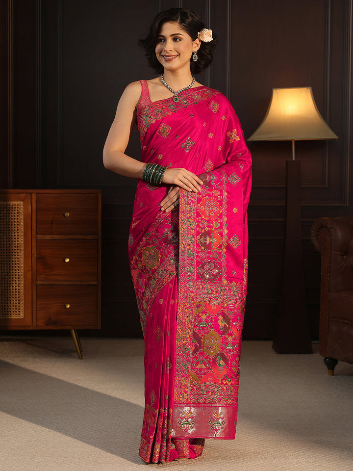 Libas Art Pink Ethnic Woven Design Silk Blend Saree