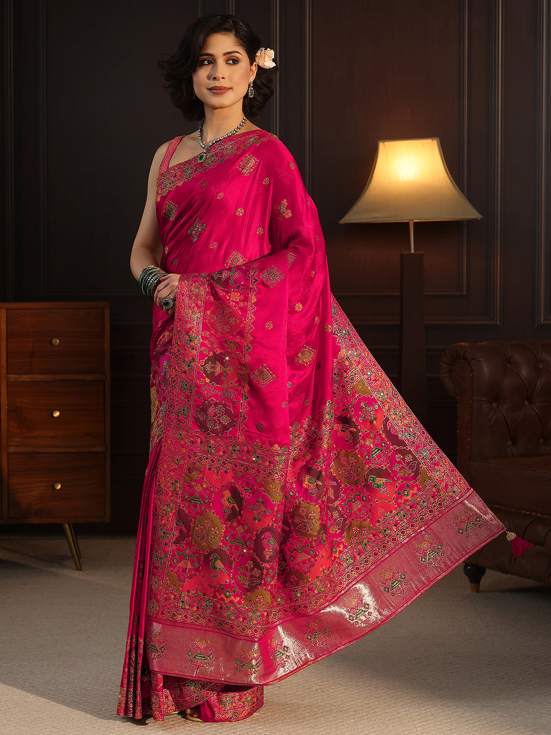 Libas Art Pink Ethnic Woven Design Silk Blend Saree