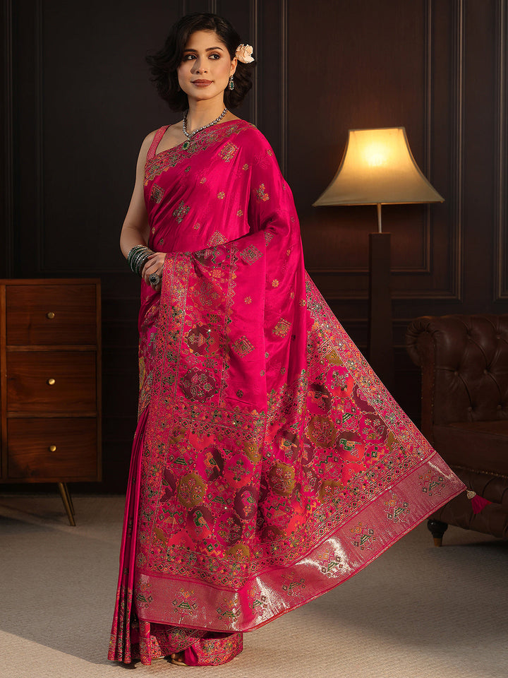 Libas Art Pink Ethnic Woven Design Silk Blend Saree