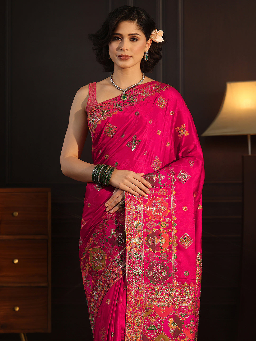Libas Art Pink Ethnic Woven Design Silk Blend Saree