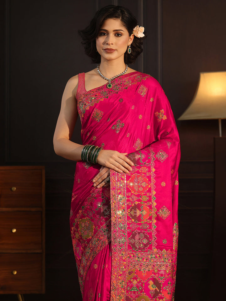 Libas Art Pink Ethnic Woven Design Silk Blend Saree