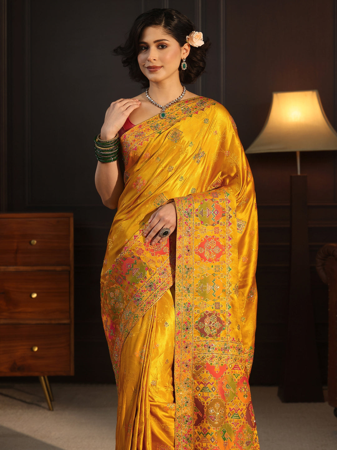 Libas Art Mustard Woven Design Silk Blend Saree with Embellished Patola Pallu