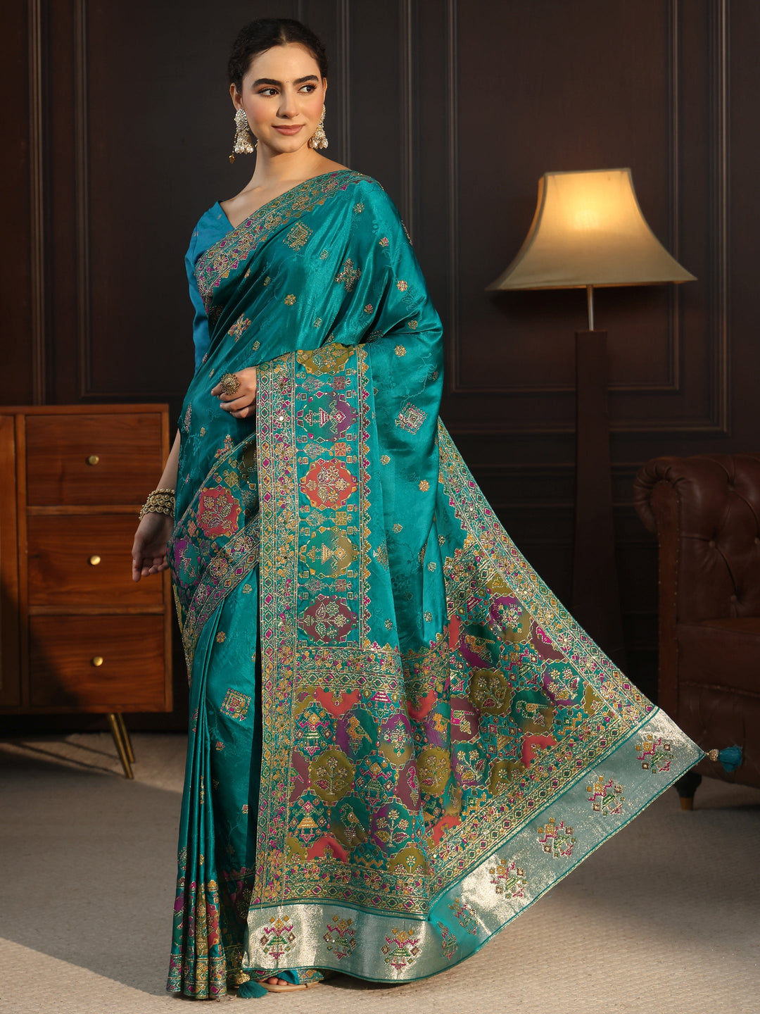 Libas Art Blue Woven Design Silk Blend Saree with Embellished Patola Pallu
