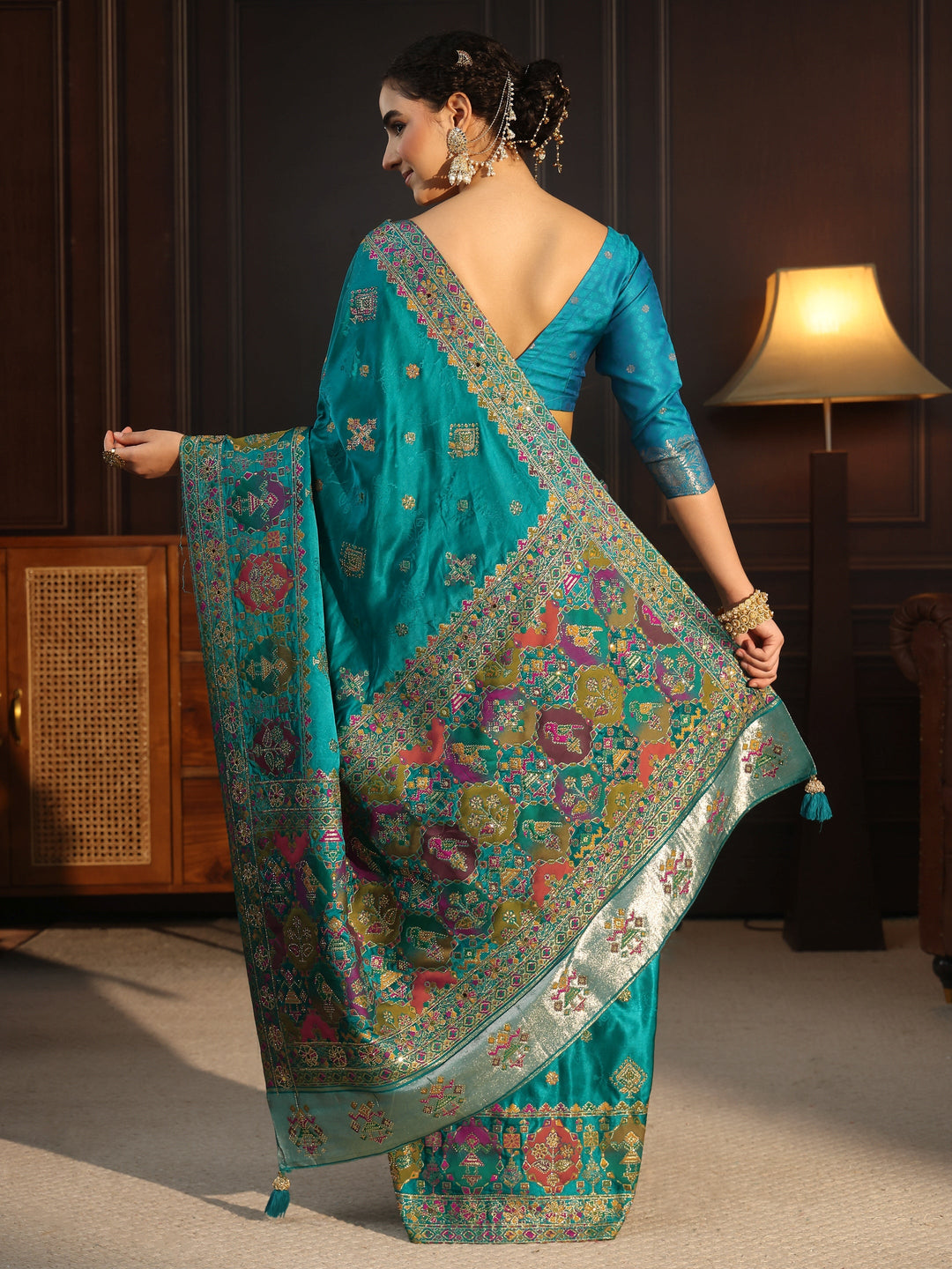Libas Art Blue Woven Design Silk Blend Saree with Embellished Patola Pallu