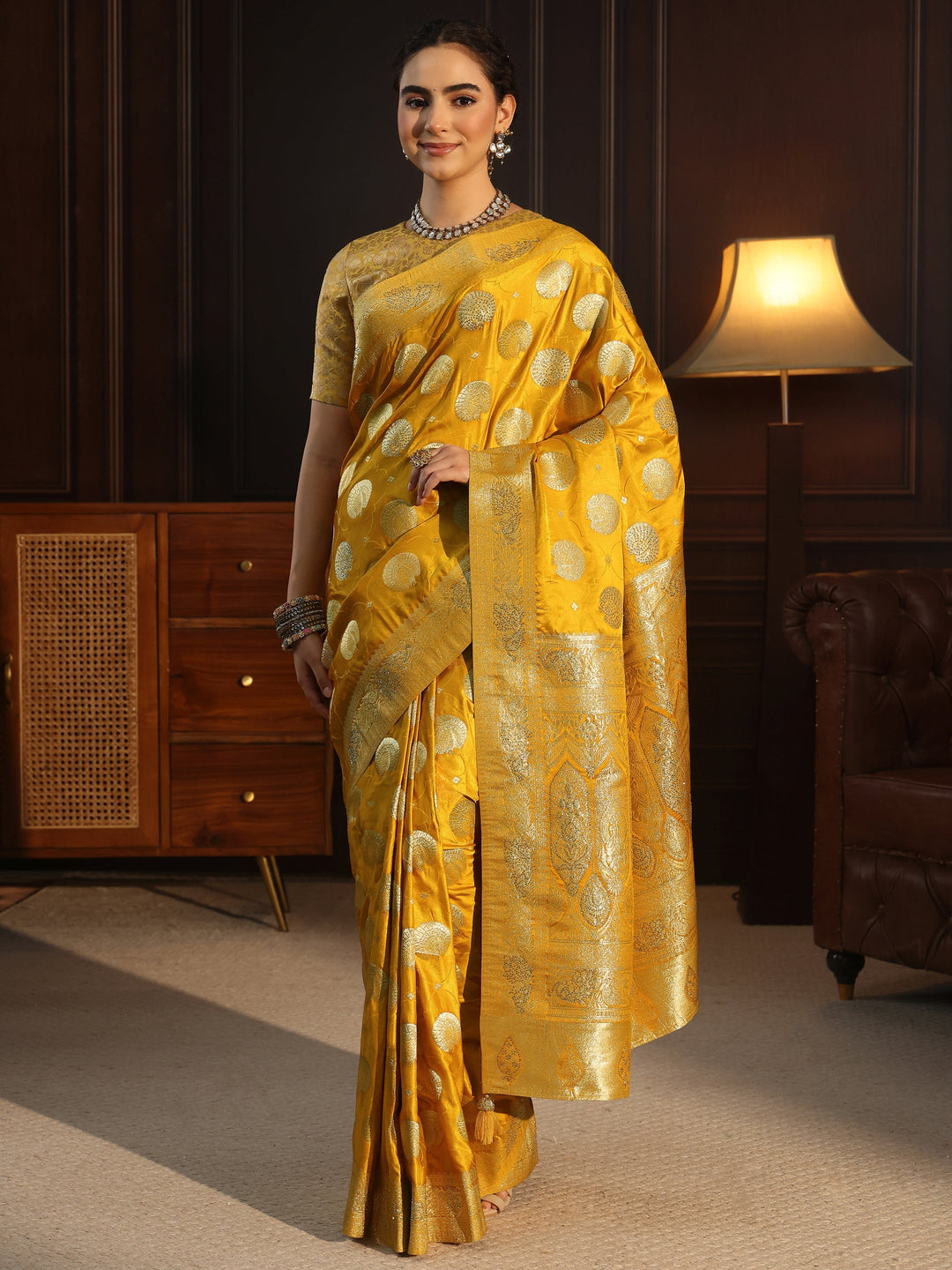 Libas Mustard Ethnic Woven Design Satin Saree with Stone Work