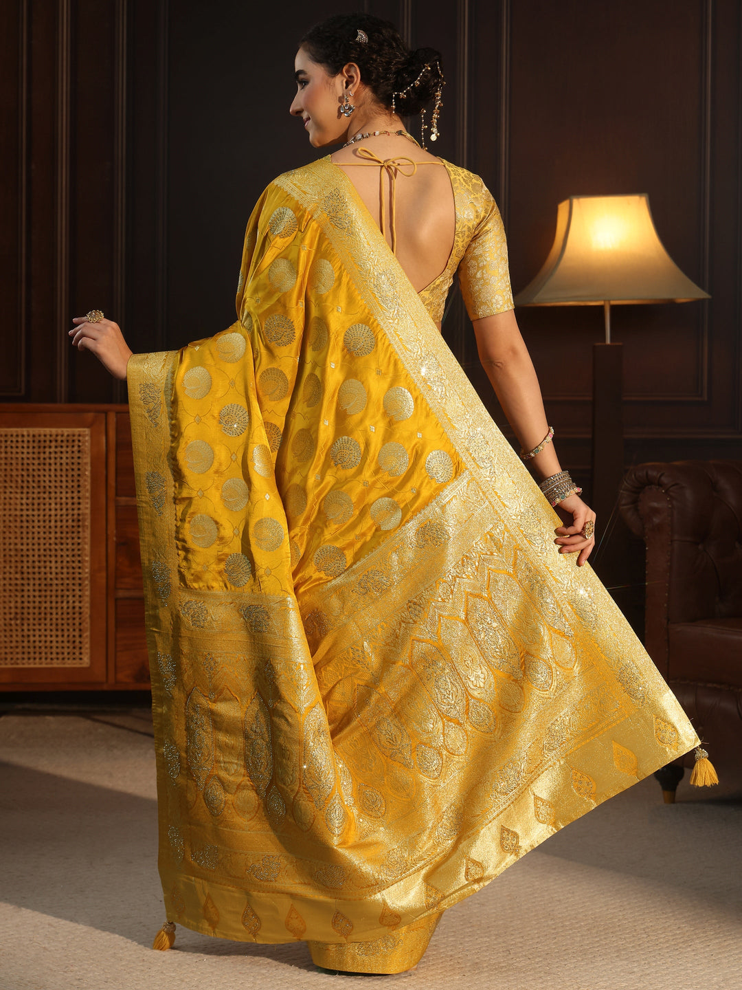 Libas Mustard Ethnic Woven Design Satin Saree with Stone Work