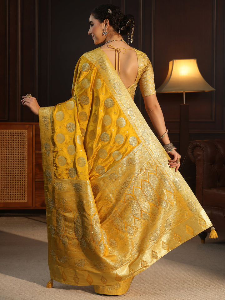 Libas Mustard Ethnic Woven Design Satin Saree with Stone Work