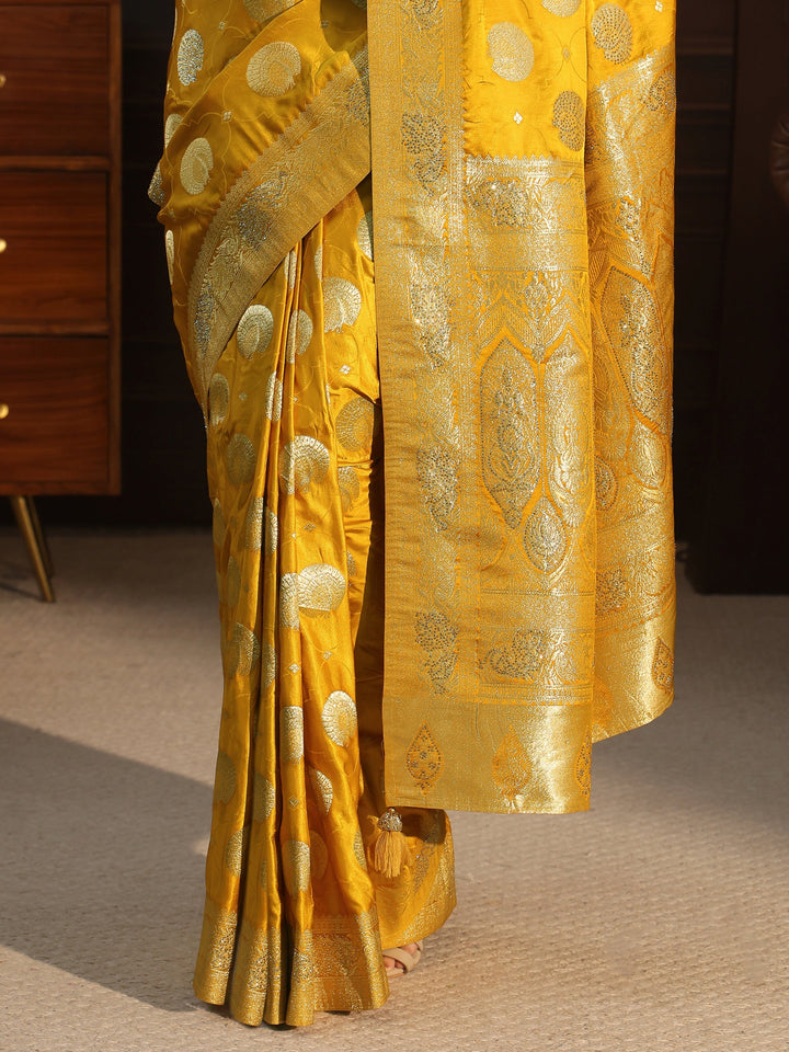 Libas Mustard Ethnic Woven Design Satin Saree with Stone Work