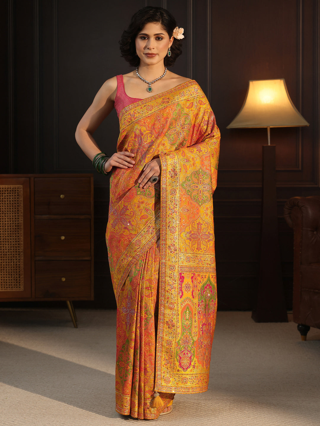 Libas Art Mustard Ethnic Woven Design Silk Blend Saree