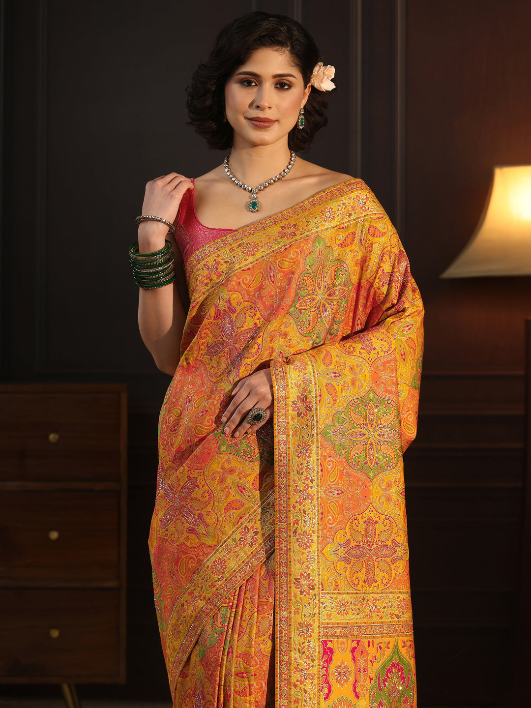 Libas Art Mustard Ethnic Woven Design Silk Blend Saree