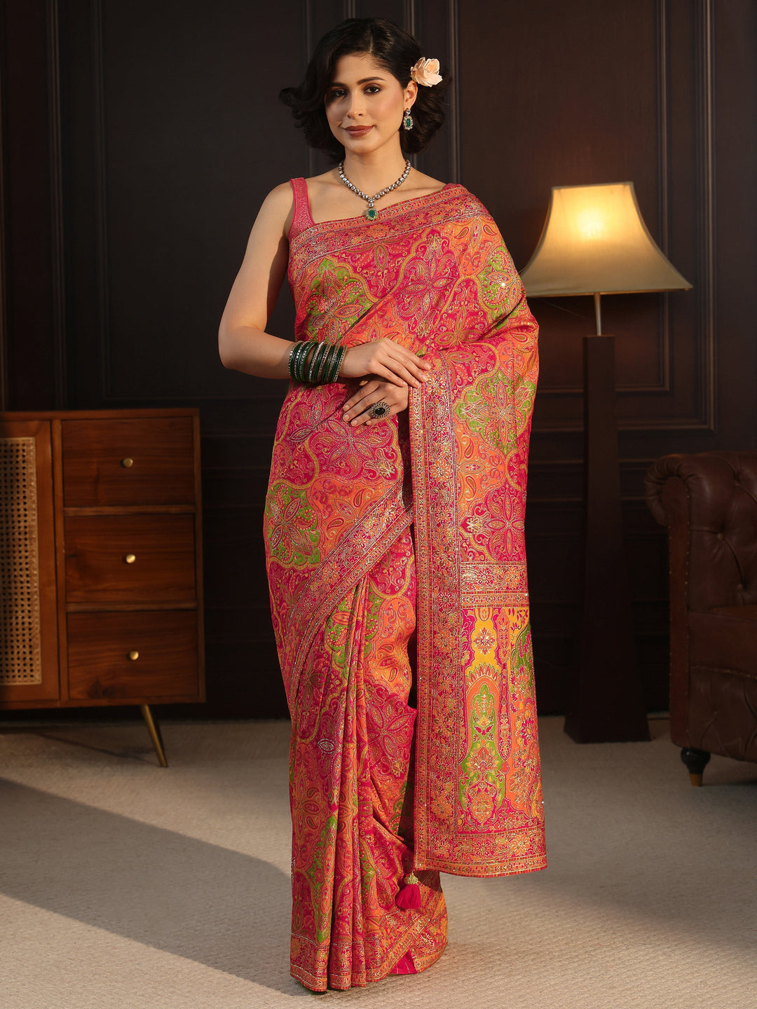 Libas Art Pink Ethnic Woven Design Silk Blend Saree