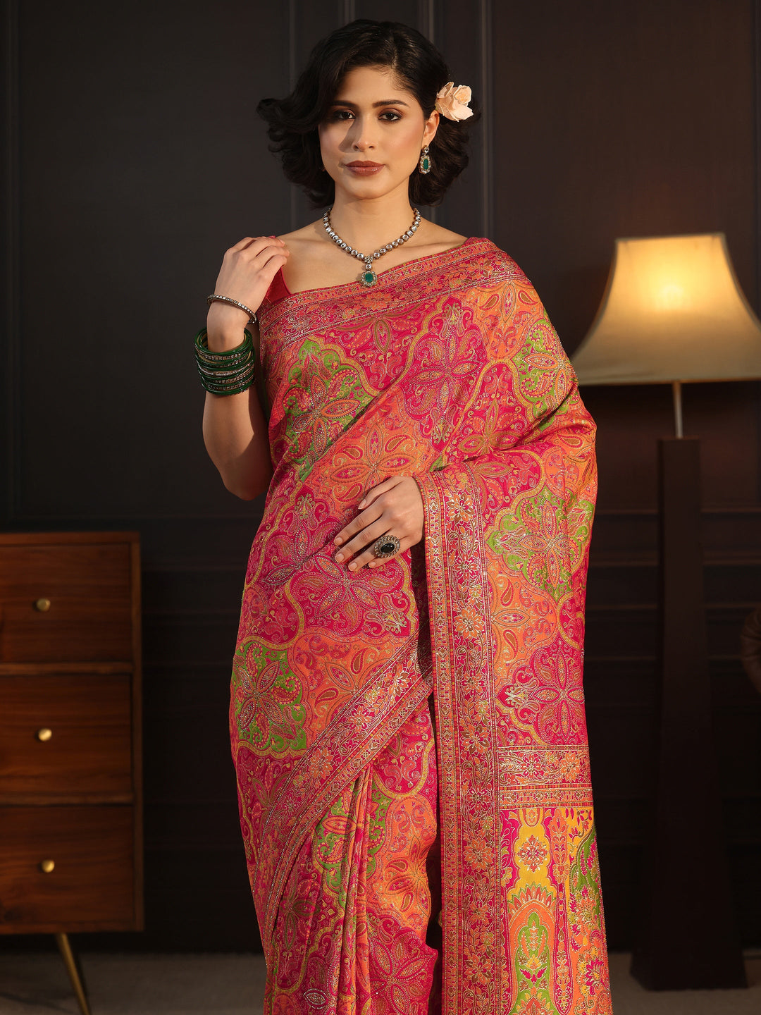 Libas Art Pink Ethnic Woven Design Silk Blend Saree