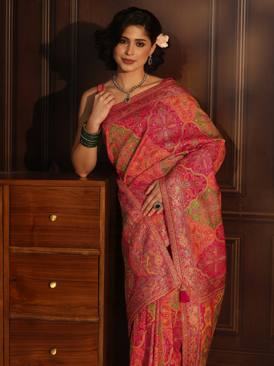 Libas Art Pink Ethnic Woven Design Silk Blend Saree