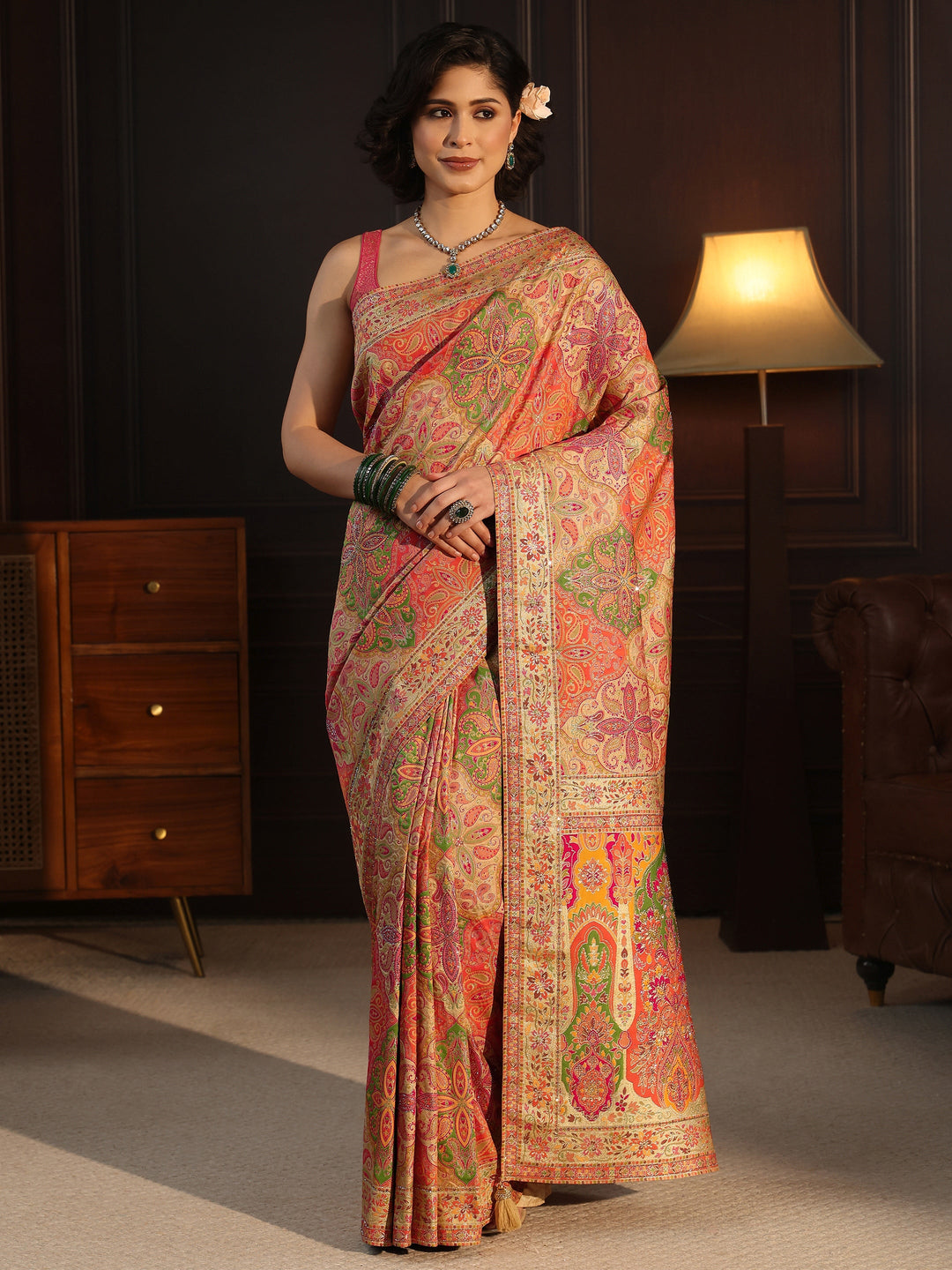 Libas Art Multi Coloured Ethnic Woven Design Silk Blend Saree