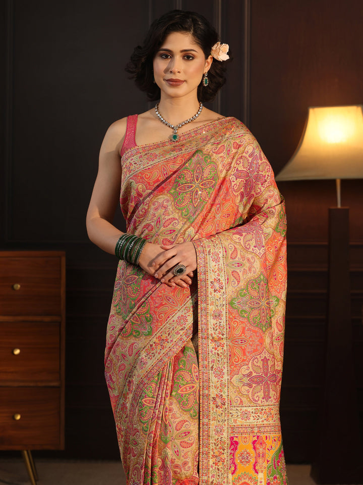 Libas Art Multi Coloured Ethnic Woven Design Silk Blend Saree