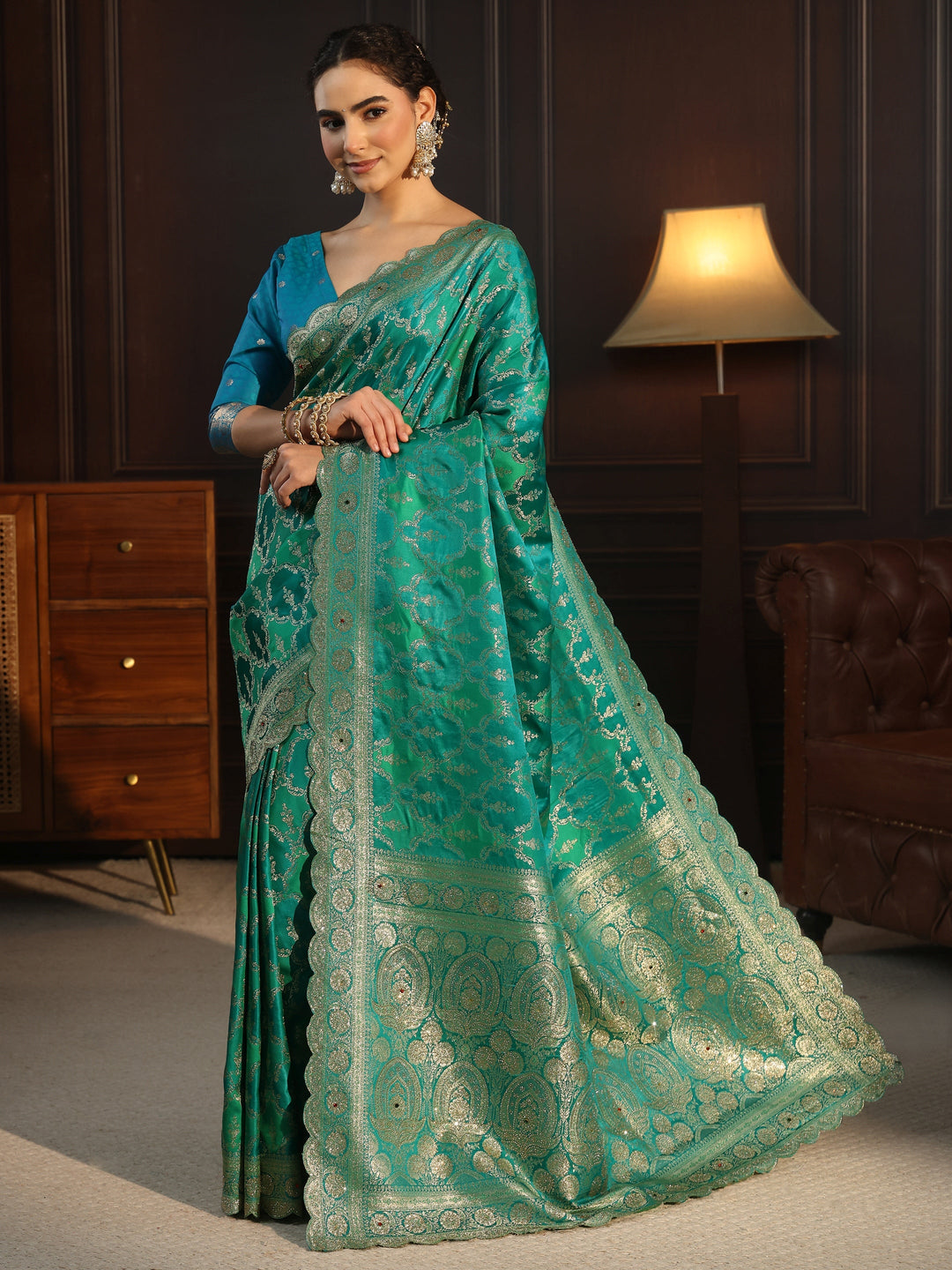 Libas Art Sea Green Woven Design Satin Saree with Scalloped Border