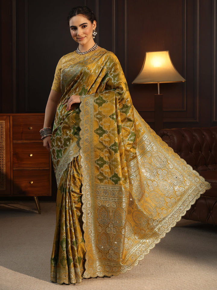 Libas Art Mustard Woven Design Satin Saree with Scalloped Border