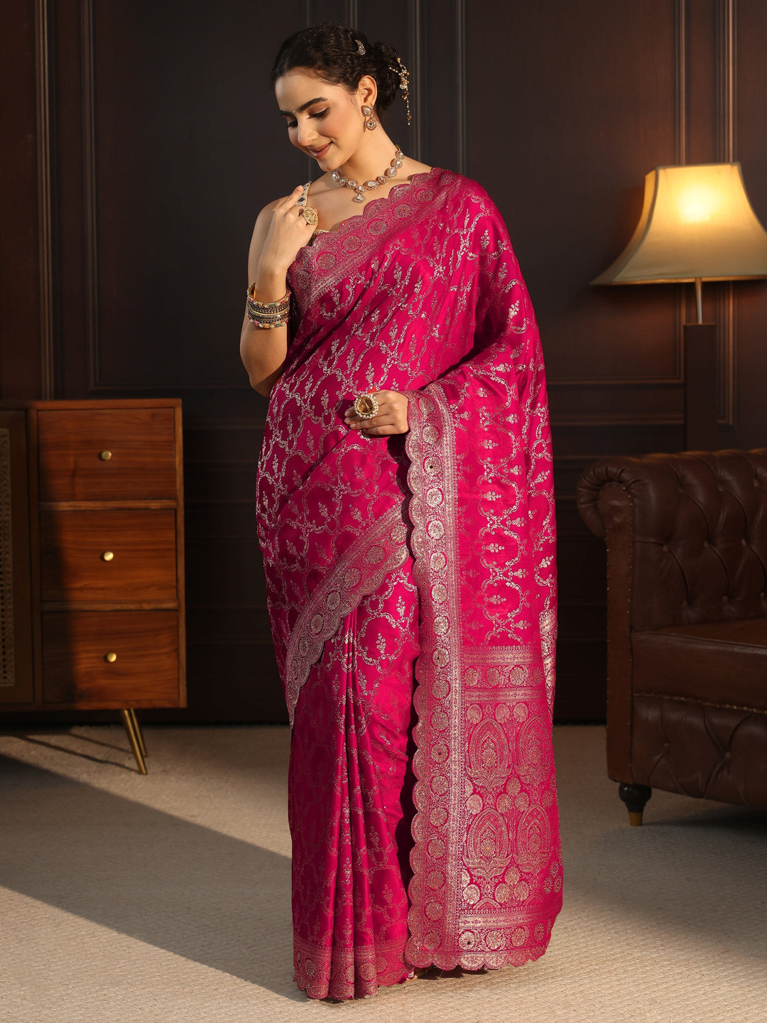 Libas Art Rani Pink Woven Design Satin Saree with Scalloped Border