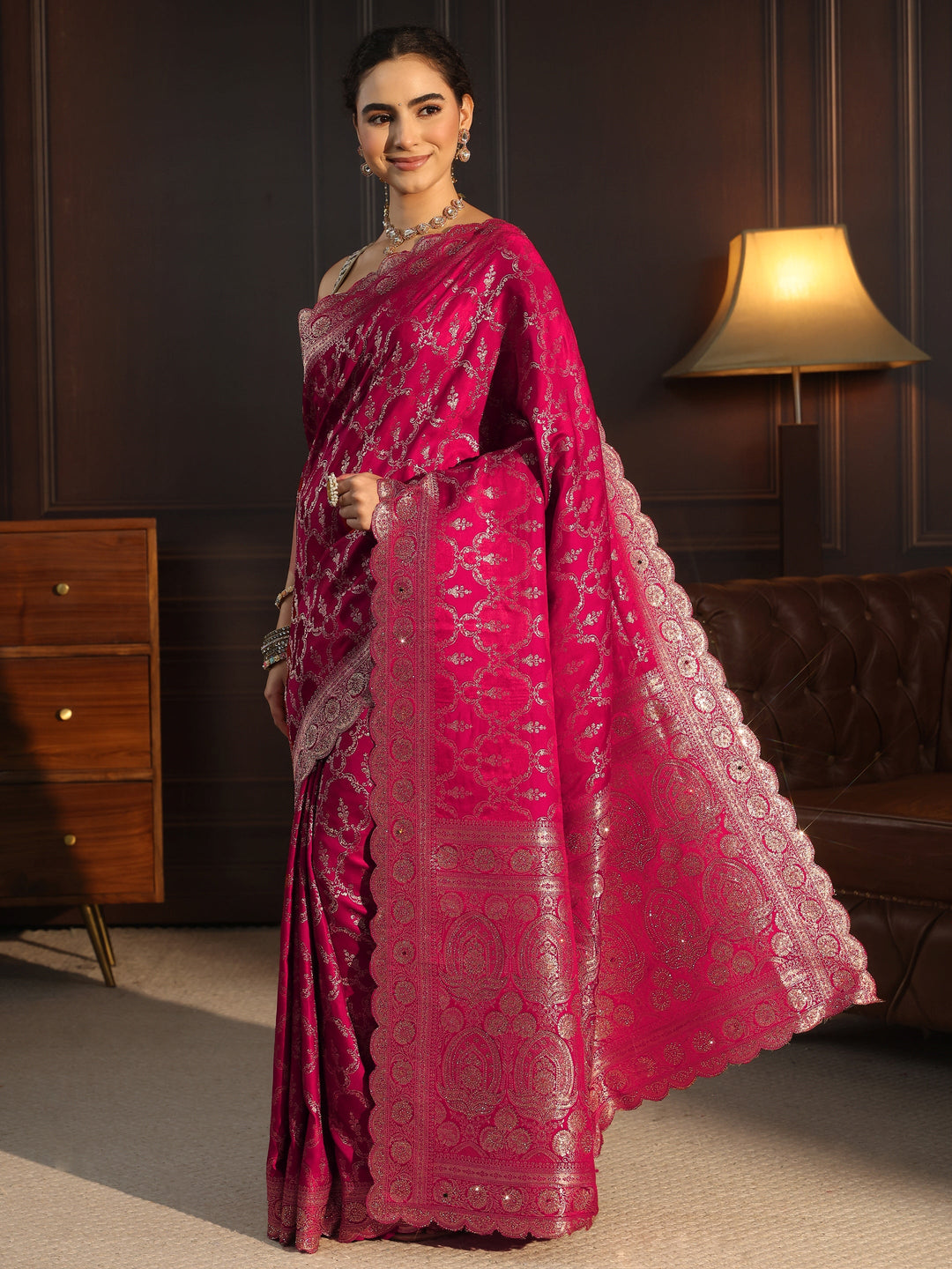 Libas Art Rani Pink Woven Design Satin Saree with Scalloped Border