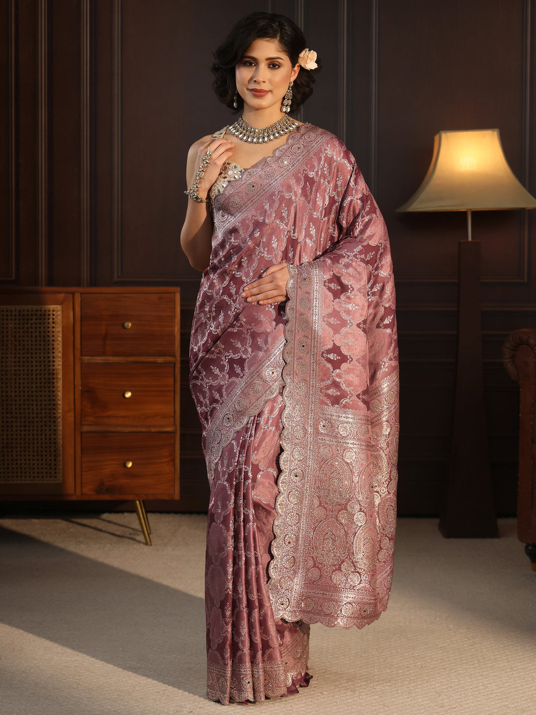 Libas Art Mauve Woven Design Satin Saree with Scalloped Border