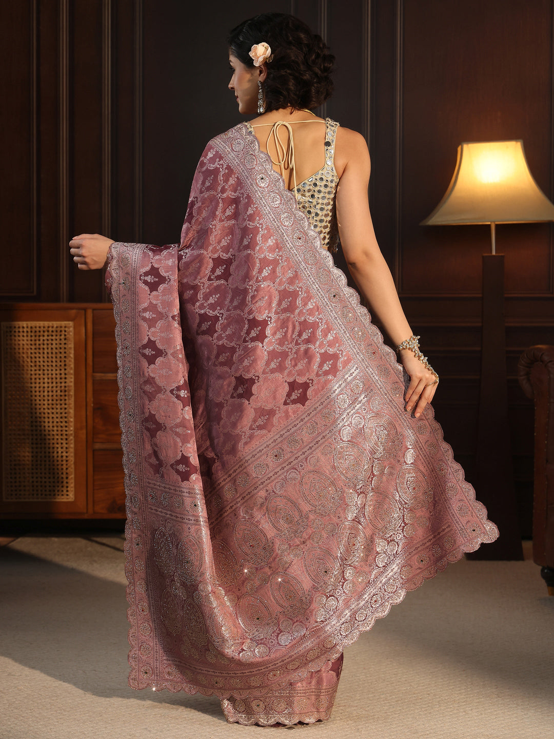 Libas Art Mauve Woven Design Satin Saree with Scalloped Border